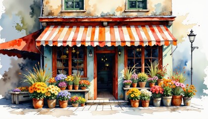Painting of flower shop vibrant artwork depicting charming flower shop with various blossoms and greenery beautiful floral scene