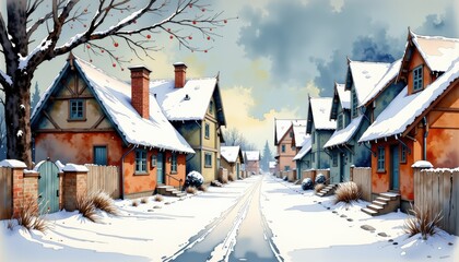 Snowy street scene with houses winter landscape street covered in snow residential houses thoroughfare