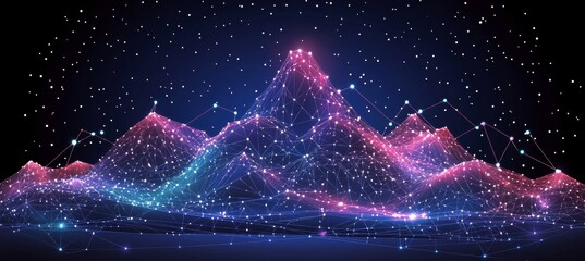 Vibrant Neon Futuristic Landscape Featuring Majestic Mountains and Glowing Lines of Connection
