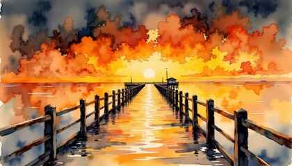 Watercolor painting of a pier at sunset expressive watercolor captures a tranquil pier scene bathed in warm hues of descending sun