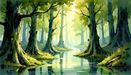 Lush forest with flowing river vibrant forest scene featuring winding river towering trees and rich natural environment