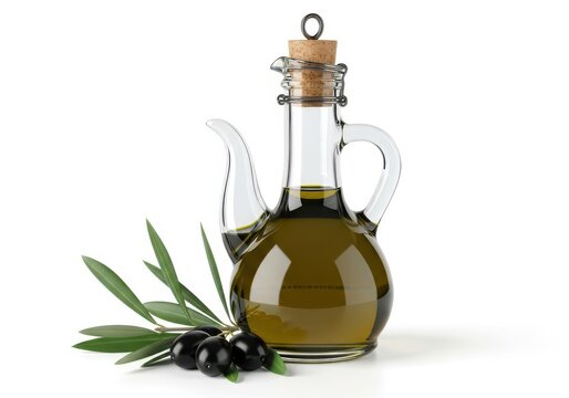 Glass cruet bottle full of extra virgin olive oil with cork stopper and fresh black olives with leaves isolated on white background