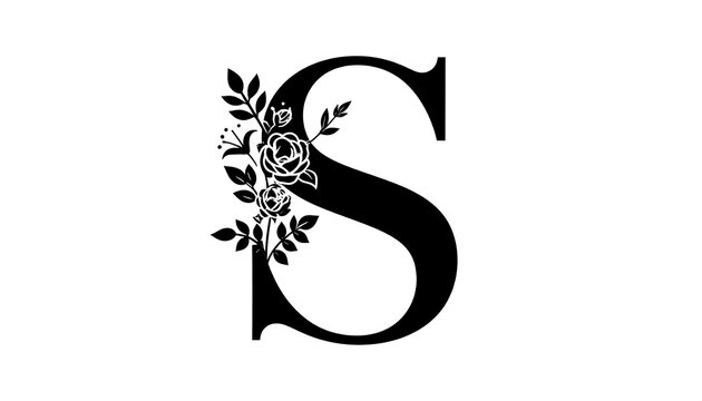 Black letter S adorned with delicate floral elements, creating an elegant monogram design on white