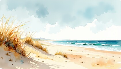 Coastal beach scene painting under blue sky artwork portraying tranquil beach scene under clear blue sky coastal landscape vista