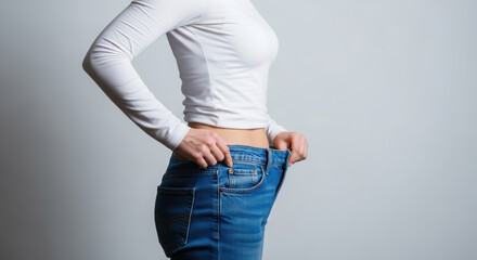 A woman shows off successful weight loss by holding up her oversized jeans at the waist against a light background.