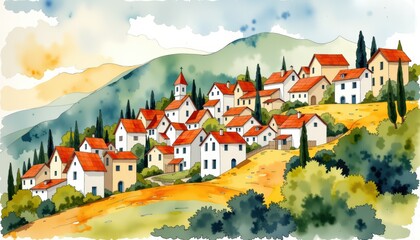Picturesque village amidst mountains trees and hills idyllic settlement situated in mountainous region characterized by abundant trees and hills