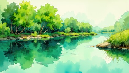 Vibrant river scene trees and rocks adorn landscape scenic painting depicting river meandering through lush trees and rugged rock formations