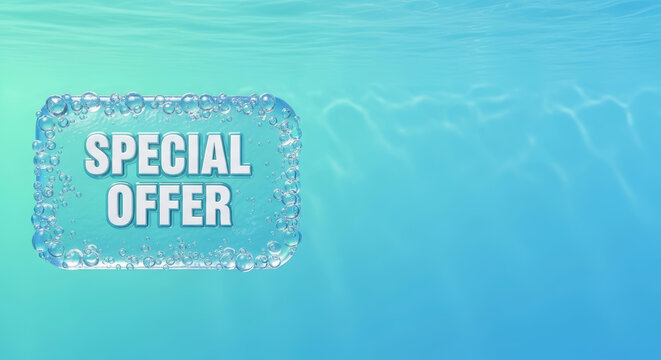 "SPECIAL OFFER" text in a bubbly frame underwater, symbolizing refreshing deals and promotions.