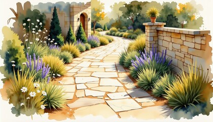 Painting of garden with stone path artistic depiction of lush garden featuring prominent stone path winding through vibrant greenery