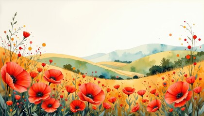 Painting of red flowers in open field artistic rendering capturing expansive field adorned with countless red blooms