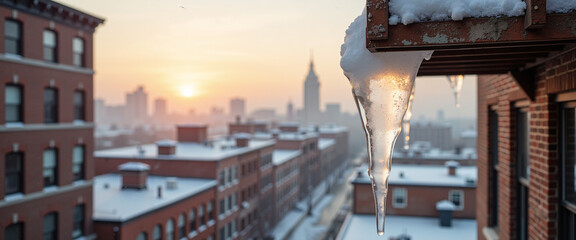 A single icicle hanging from a rusty fire escape with an urban backdrop  