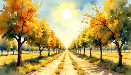 Path through nature road trees grass landscape painting artwork depicts road winding through natural landscape featuring numerous trees and lush grass