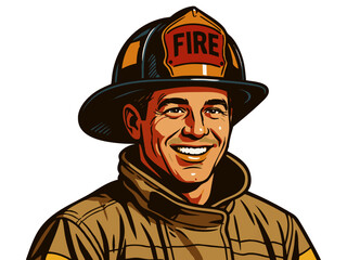 cheerful firefighter wearing protective gear and helmet with FIRE label, ideal for safety themes. vector colorful pop art illustration.