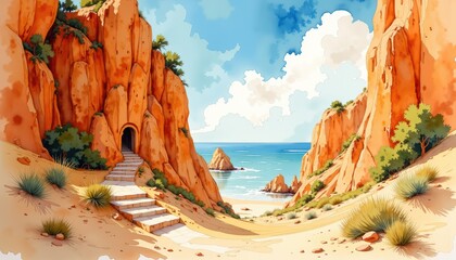 Painting of beach with stairs leading to vast ocean artistic depiction of serene coastal landscape showcasing sandy beach and staircase descending towards boundless sea