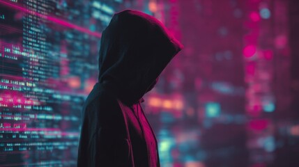 mysterious hacker wearing hoodie in a dark neon-lit room