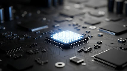 Close-up view of a glowing blue central processing unit chip on a dark printed circuit board