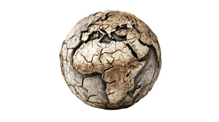 Naklejka premium A parched, cracked Earth sphere, depicting severe drought and desertification across Europe and Africa, symbolizing climate change and environmental crisis. background removed