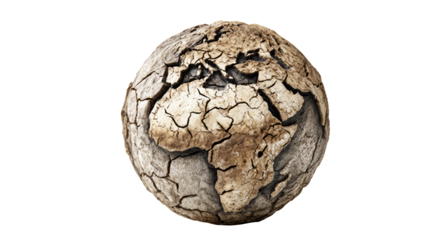 A parched, cracked Earth sphere, depicting severe drought and desertification across Europe and Africa, symbolizing climate change and environmental crisis. background removed