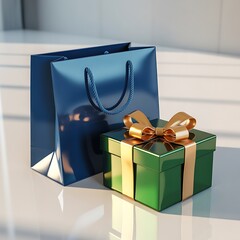 Gorgeous green gift box with golden ribbon and a stylish navy blue shopping bag, perfect for luxury brands, upscale retail, and celebrating special moments