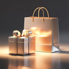 Elegant gift box with golden ribbon and matching shopping bag perfect for luxury brands, anniversary celebrations, and sophisticated promotional campaigns
