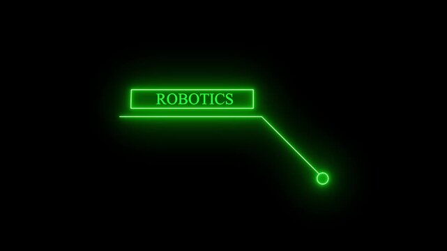Neon green glowing text graphic displaying the word robotics with a futuristic callout line pointer on a black background, perfect for technology and science themes