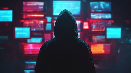 cyberpunk hacker in hoodie facing multiple neon screens