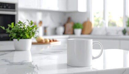 Fototapeta premium Blurred kitchen with white mug on a marble counter, plants and a window, creating soft, bright ambient light