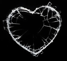 Cracked Glass Heart Symbol on Black Background Expressing Pain or Loss