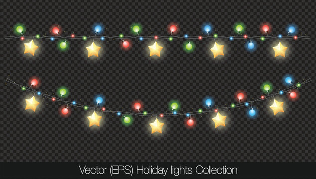 Charming Holiday lights set with glowing stars, colorful light bulbs and twinkles, isolated on transparent background. Decorative colorful string lights with twinkle