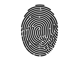 Black, looping line art of a fingerprint against a solid white backdrop, centered in the frame