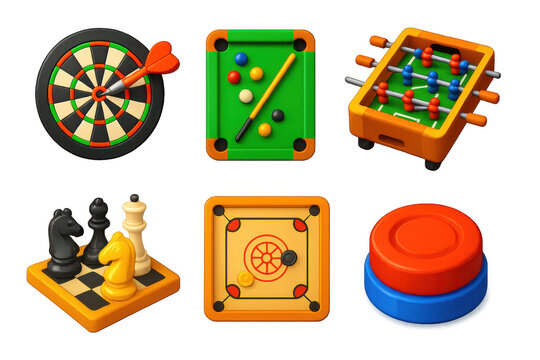 3D Indoor Game Icons. 3D icon set of indoor games: dartboard, pool table, foosball, chess set, carrom board, shuffleboard puck. A