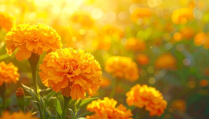 Bright orange flowers bask in sunlit garden, light filtering through leaves, creating warm, bokeh-filled background