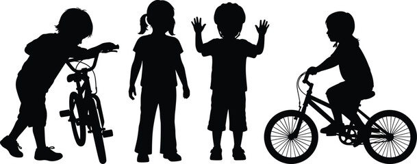 Black and white children silhouette set vector illustration kids riding bicycle and waving hands isolated on white background active childhood design elements