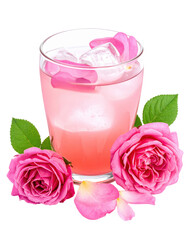 An elegant persian rose water infusion in a gold-rimmed glass, highlighting its pure and aromatic essence, isolated on white background