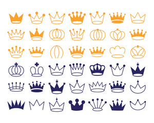 Collection of stylized crown icons in orange and blue colors

