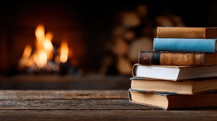 Stack of aged books rests upon a wooden surface before a warm, glowing hearth fire