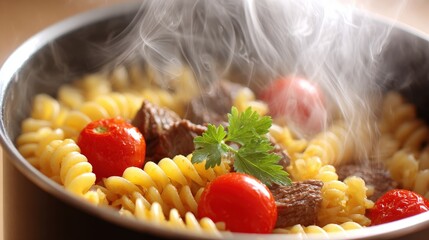 Hot steaming pasta dish with meat and fresh garnish cooks in a dark pot