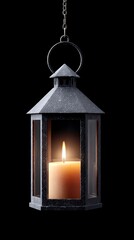 Decorative lantern hanging with glowing candle