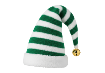 Isolated holiday elf hat, green and white stripes, fleece trim, gold jingle bell, no people