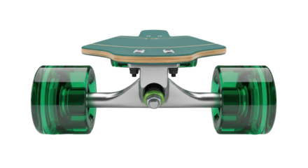 Isolated green longboard with transparent wheels for cruising the streets on a sunny day