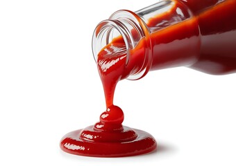 Red ketchup pouring from glass bottle onto white surface tomato sauce condiment