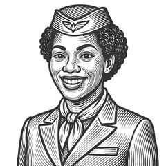 cheerful female flight attendant in classic uniform and hat, ideal for aviation or travel themes sketch engraving fictional character vector illustration. Scratch board. Black and white.