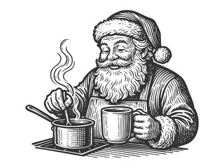 cheerful Santa stirring a pot and holding a warm mug, perfect for cozy Christmas themes sketch engraving fictional character vector illustration. Scratch board. Black and white image.