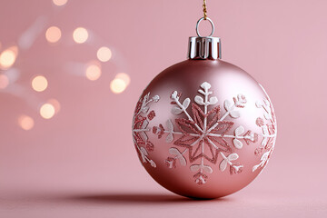 Pink Christmas ornament with snowflake design on soft background  