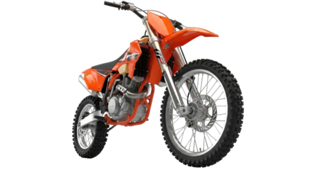 Isolated orange off-road motorcycle, dirt bike on display in studio for sports racing usage