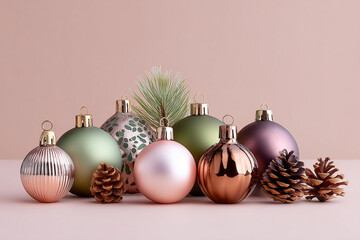 Decorative Christmas ornaments with pinecones on pastel background  