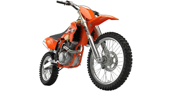 Isolated orange off-road motorcycle, dirt bike on display in studio for sports racing usage