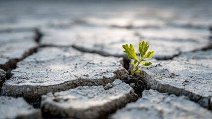 Small plant growing through cracks in dry earth