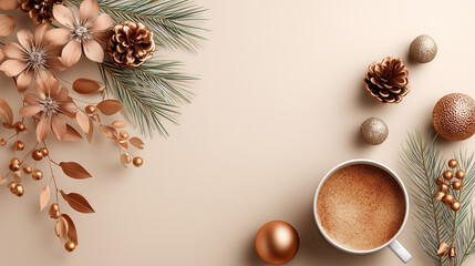 Warm coffee cup surrounded by festive winter decorations and pine  