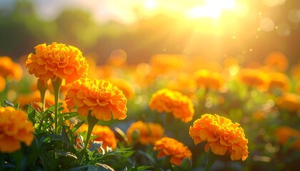 Bright orange marigolds bloom vibrantly under a golden sun in a lush, soft-focus field of similar blossoms